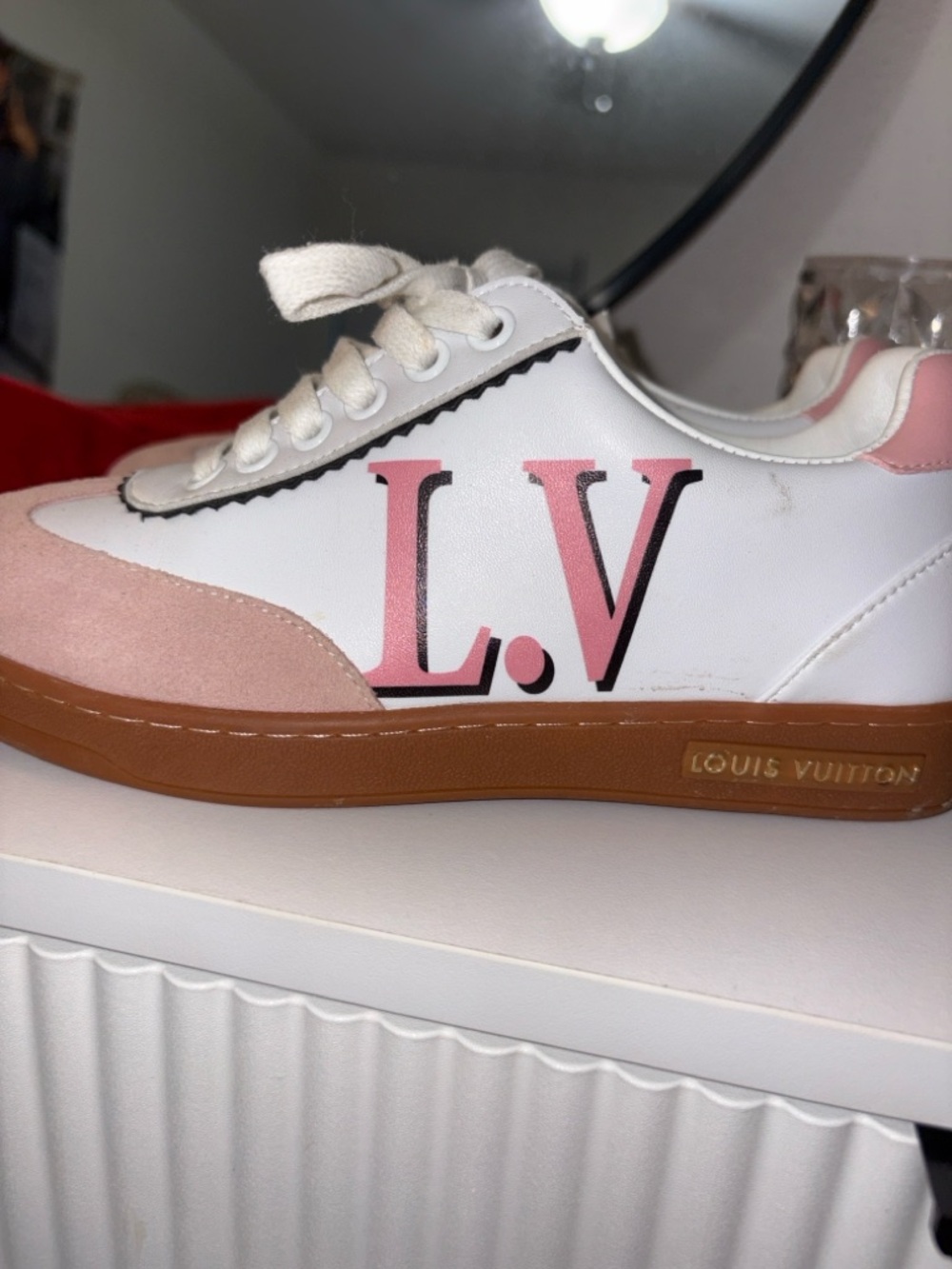 Louis Vuitton White Sneaker with Pink & Tan Accents